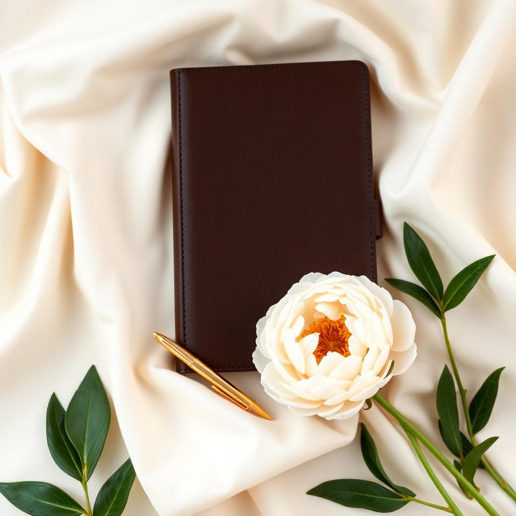 Leather travel journal, gold pen and peony on cream linen