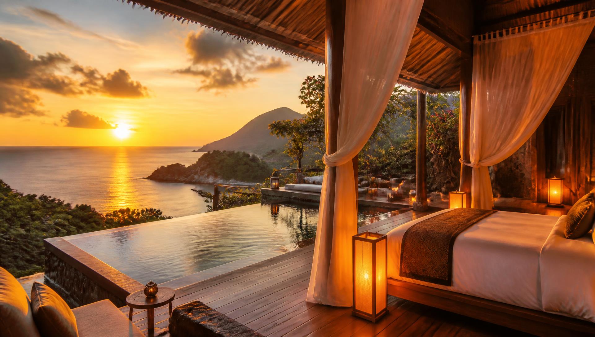 Private infinity pool villa overlooking the ocean at sunset